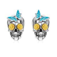 wholesale Silver 925 Sterling Silver Devil Horns Skull Stud Earrings with Red Stone Gothic Punk Style  for Men & Women-Blue Butterfly Skull