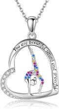 wholesale 925 Sterling Silver Heart-Shaped Gymnast Pendant Necklace with Colorful Crystals and Inspirational Message You Are Beautiful Strong And Graceful - Perfect Gift for Sports Lovers-0-0