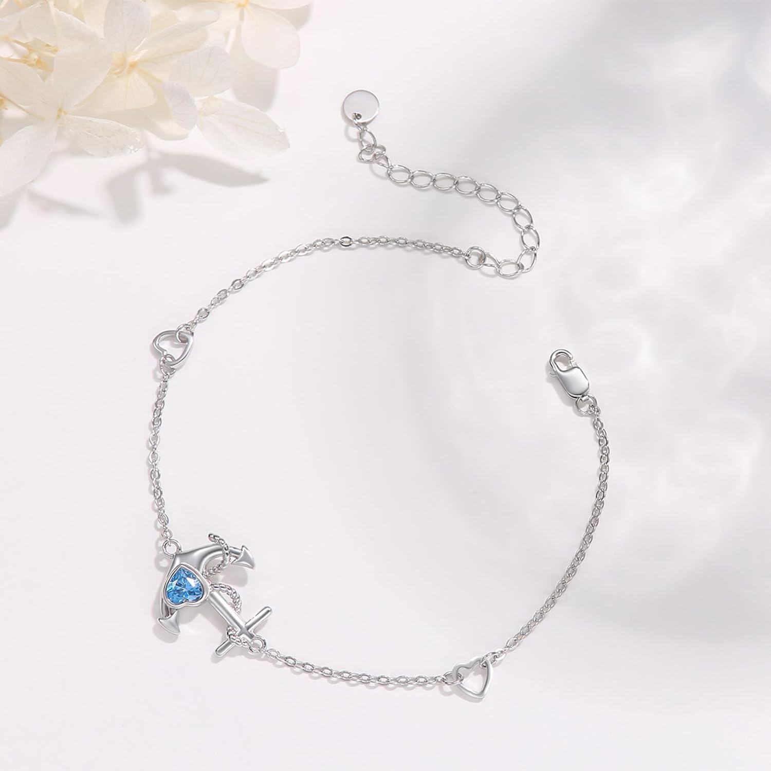 wholesale 925 Sterling Silver Heart-Shaped Blue Crystal Anchor Charm Bracelet-0-1