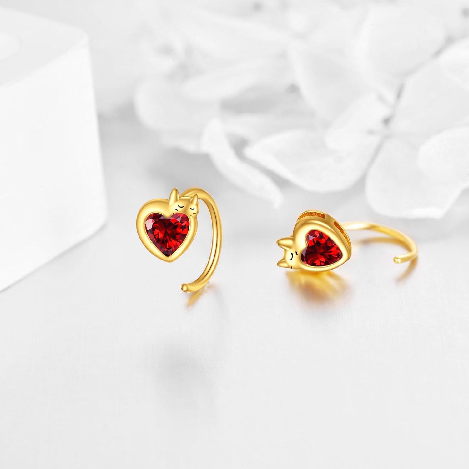 wholesale 14K Gold Heart-Shaped Red Crystal Cat Lover's Leverback Studs for Women-0-3