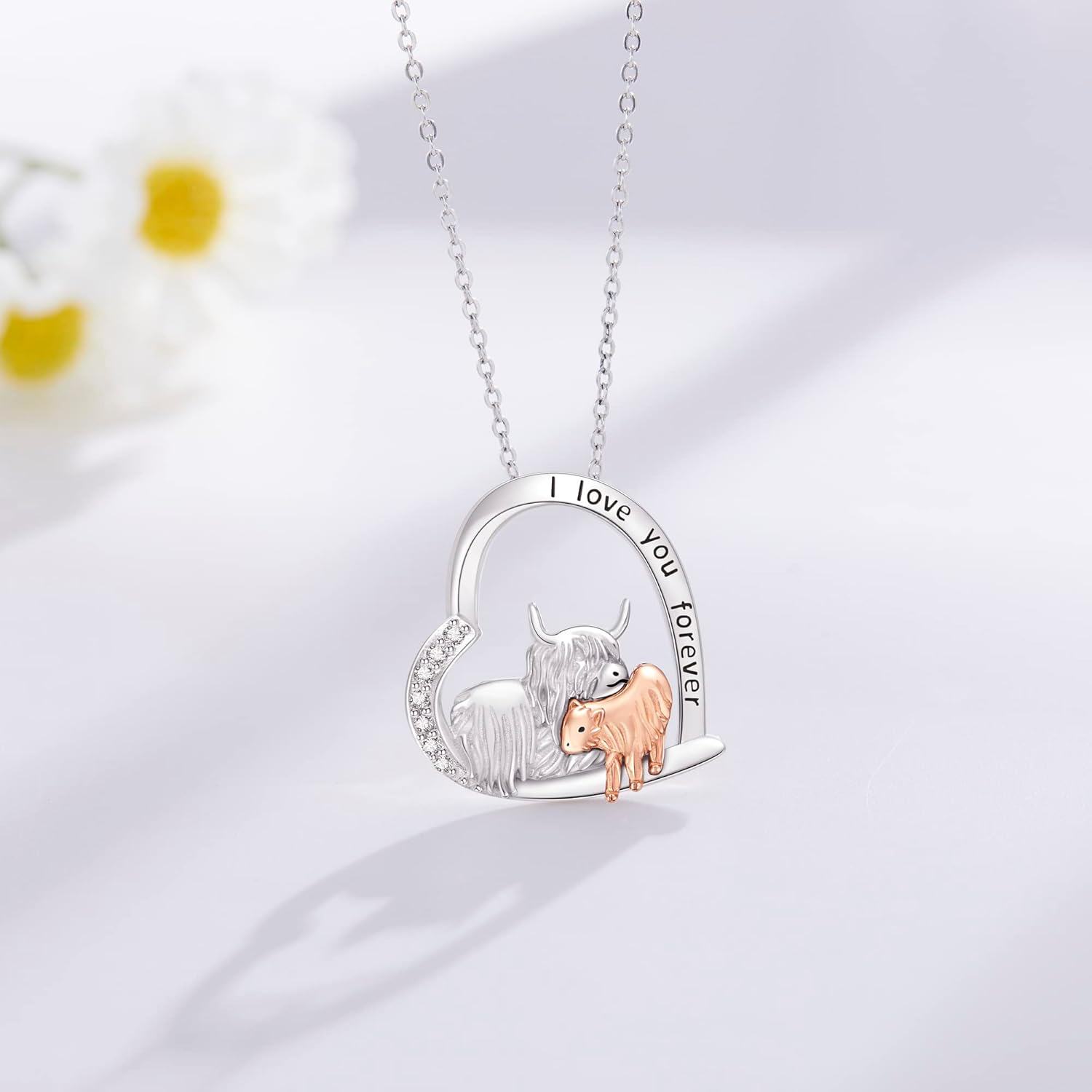Sterling Silver Stone Highland Cow Necklace Mother Daughter Pendant-0-3