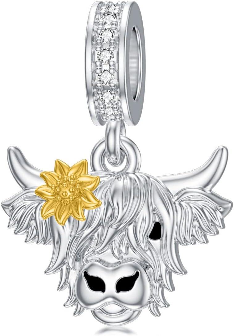 925 Sterling Silver Highland Cow Pendant Charm with Flower Accents for Bracelet Necklace Crafting Supplies Jewelry Making DIY Gifts 38x46mm-0-0