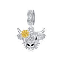 wholesale 925 Sterling Silver Highland Cow Head Charms With Goldflower-Highland Cow Charm