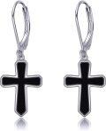 wholesale 925 Sterling Silver Black Enamel Cross Dangle Drop Earrings for Women-0-0