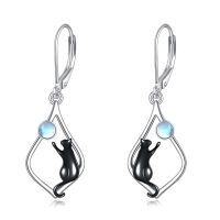 wholesale 925 Sterling Silver Moonstone Black Cat Drop Earrings for Women Girls Gift Jewelry Accessories 4cm Long-cat moonstone