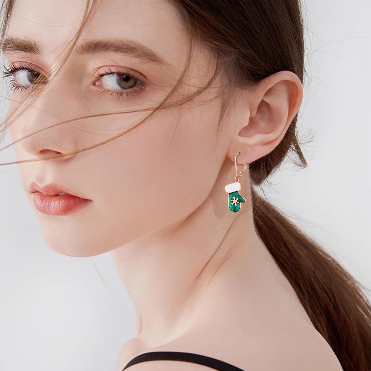 925 Sterling Silver Mitten Dangle Earrings with Red and Green Enamel for Women-0-2