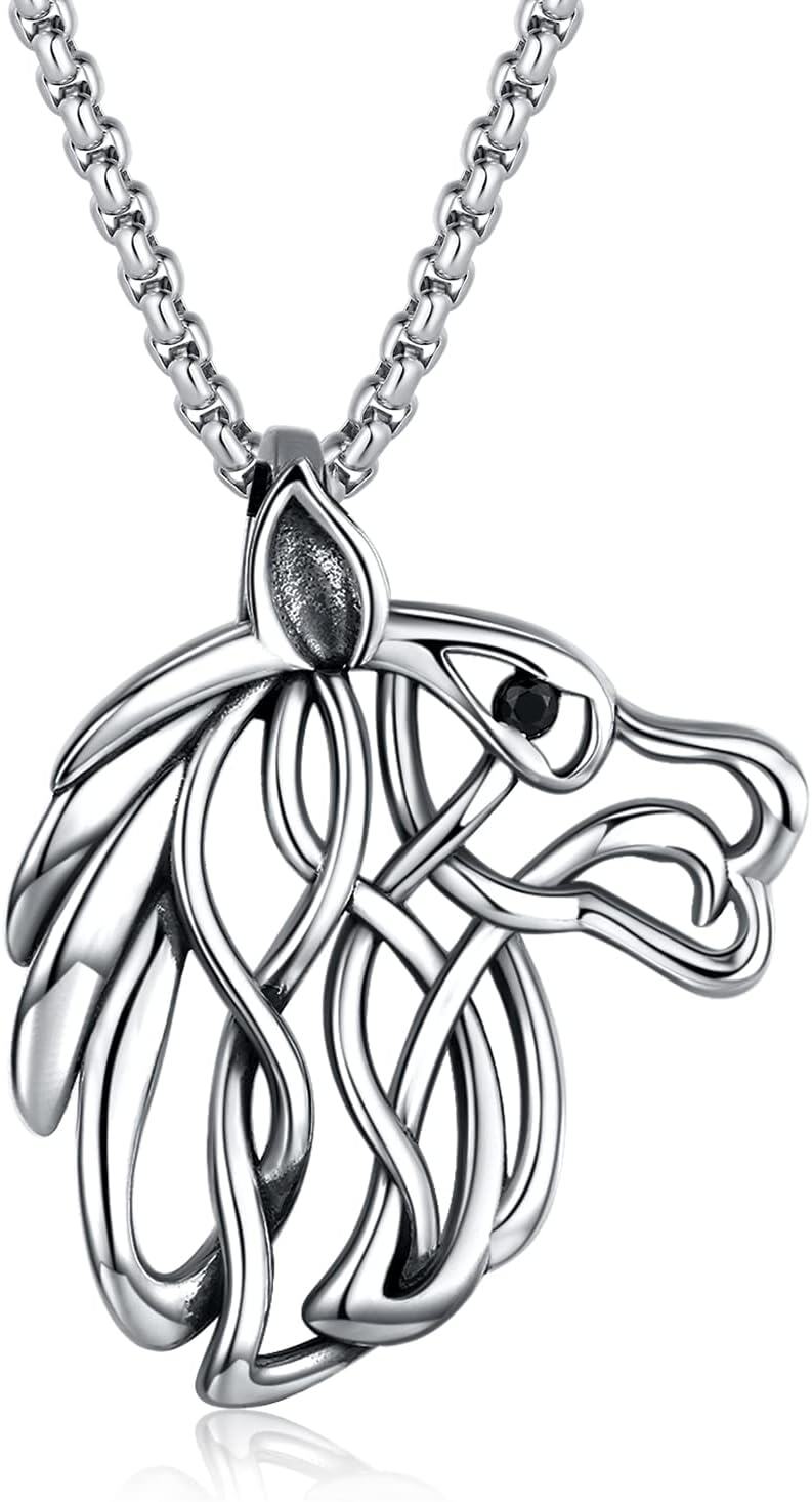 wholesale 925 Sterling Silver Horse Head Necklace with Black CZ Eyes and Celtic Knot Design - 30+2 Extender Chain-0-0