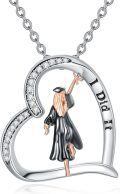 wholesale 925 Sterling Silver Heart Shaped Wizard Pendant Necklace with Cubic Zirconia Stones and I Did It Engraving - Graduation Gift for Her-0-0