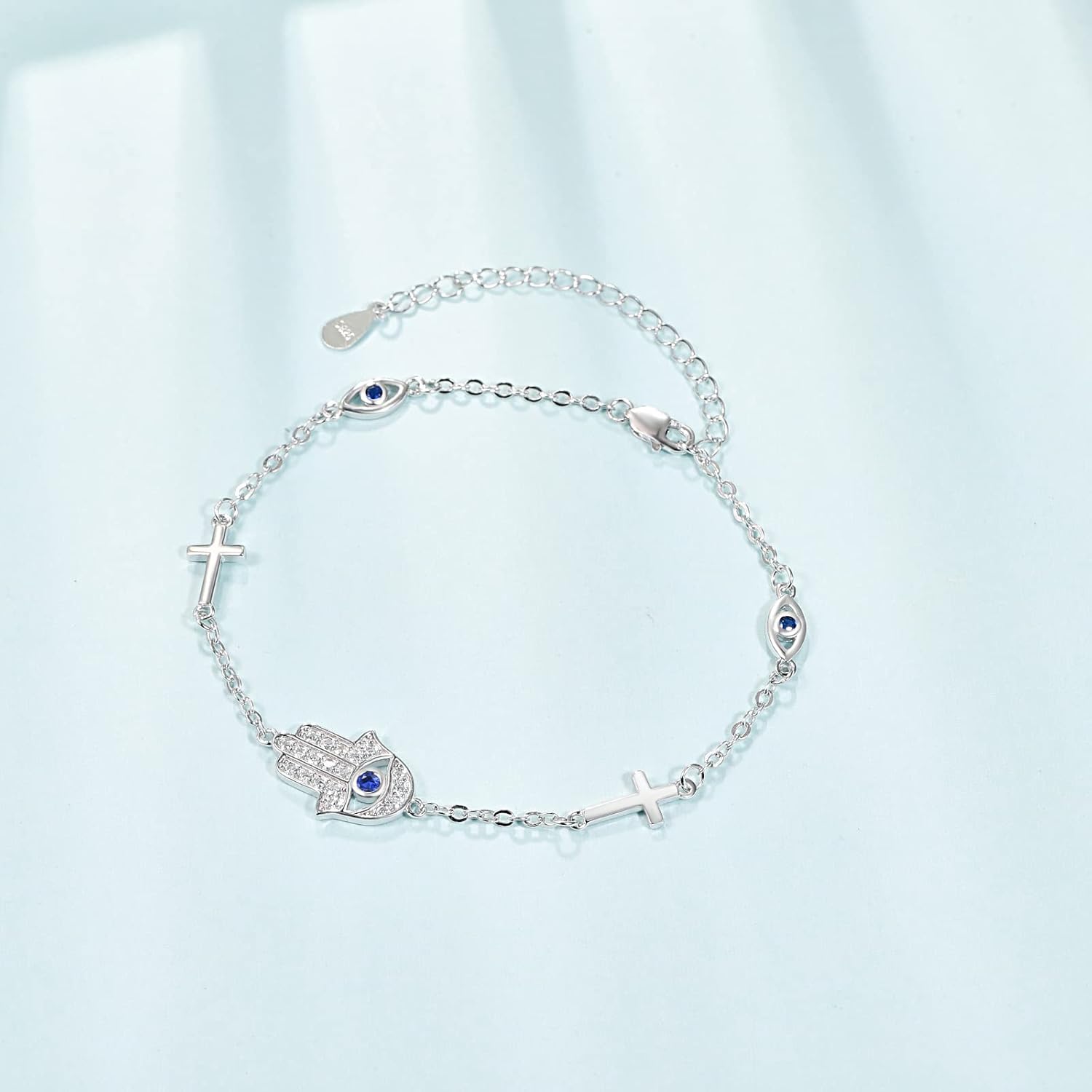 wholesale 925 Sterling Silver Metal Stone Evil Eye Cross Hamsa Hand Protection Bracelet-0-1