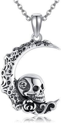 wholesale 925 Sterling Silver Skull Moon Pendant Necklace Gothic Jewelry for Men & Women-Skull Rose Necklace