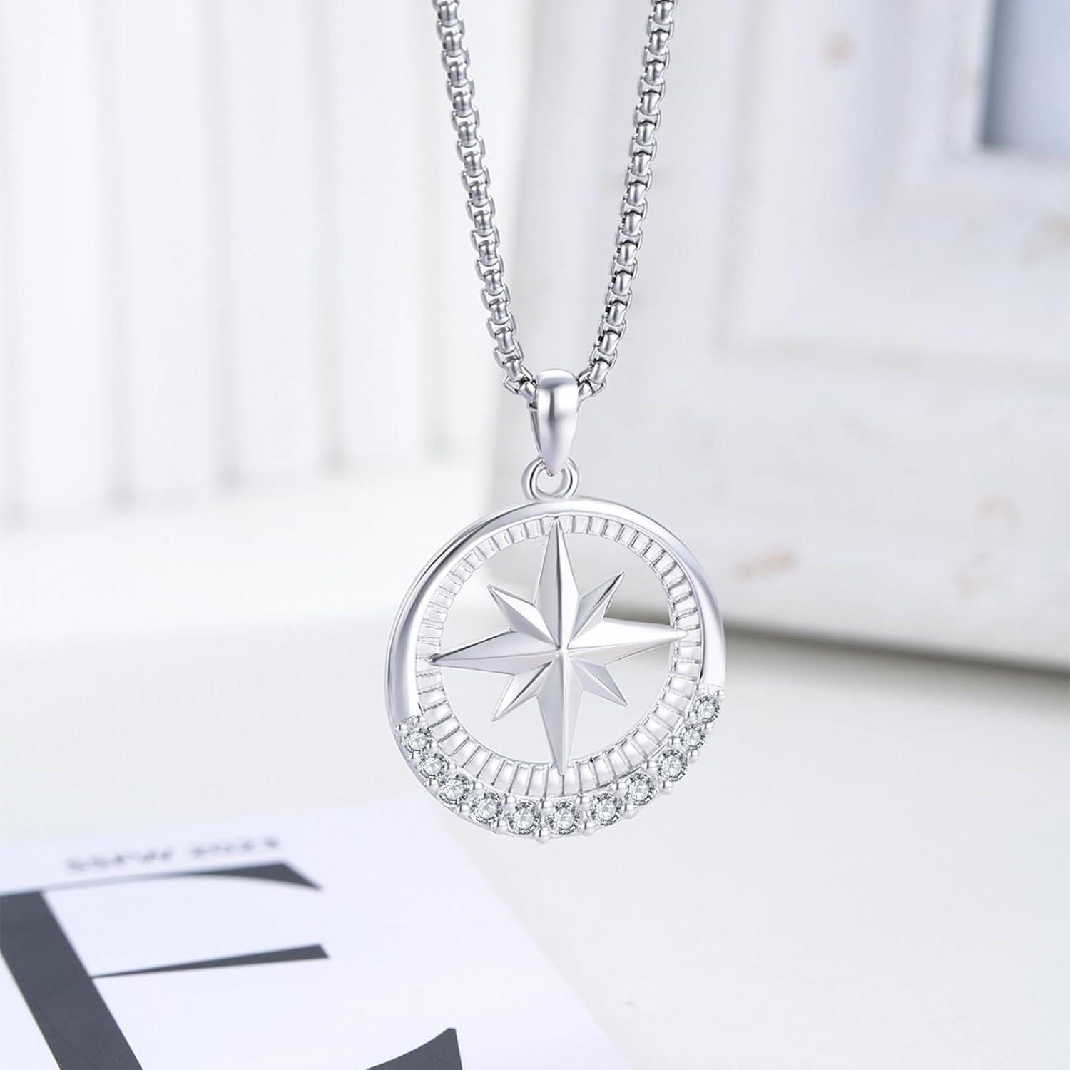 wholesale 925 Sterling Silver Stainless Steel Compass Star Pendant Necklace with Cubic Zirconia Accents-0-2