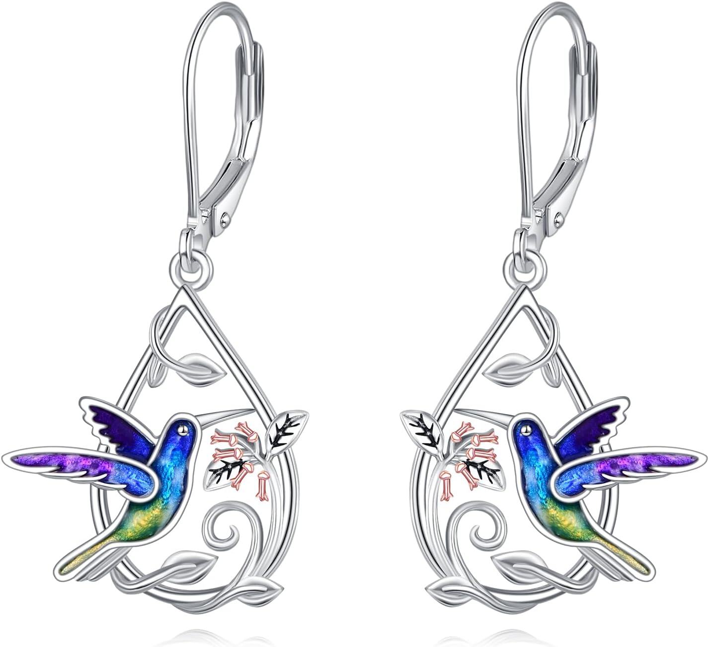 Sterling Silver Owl Dragonfly Butterfly Black Cat Hummingbird Dangle Earrings-Hummingbird Earrings
