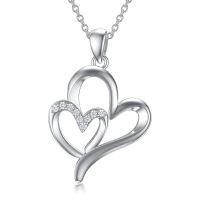 wholesale 925 Sterling Silver Double Heart with Diamonds Pendant Necklace for Women-Heart 1