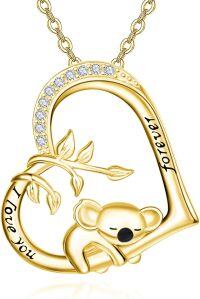 wholesale 925 Sterling Silver Gold Plated Koala Heart Pendant Necklace with Cubic Zirconia and Engraved I Love You & Forever 925 Sterling Silver  for Women-Gold