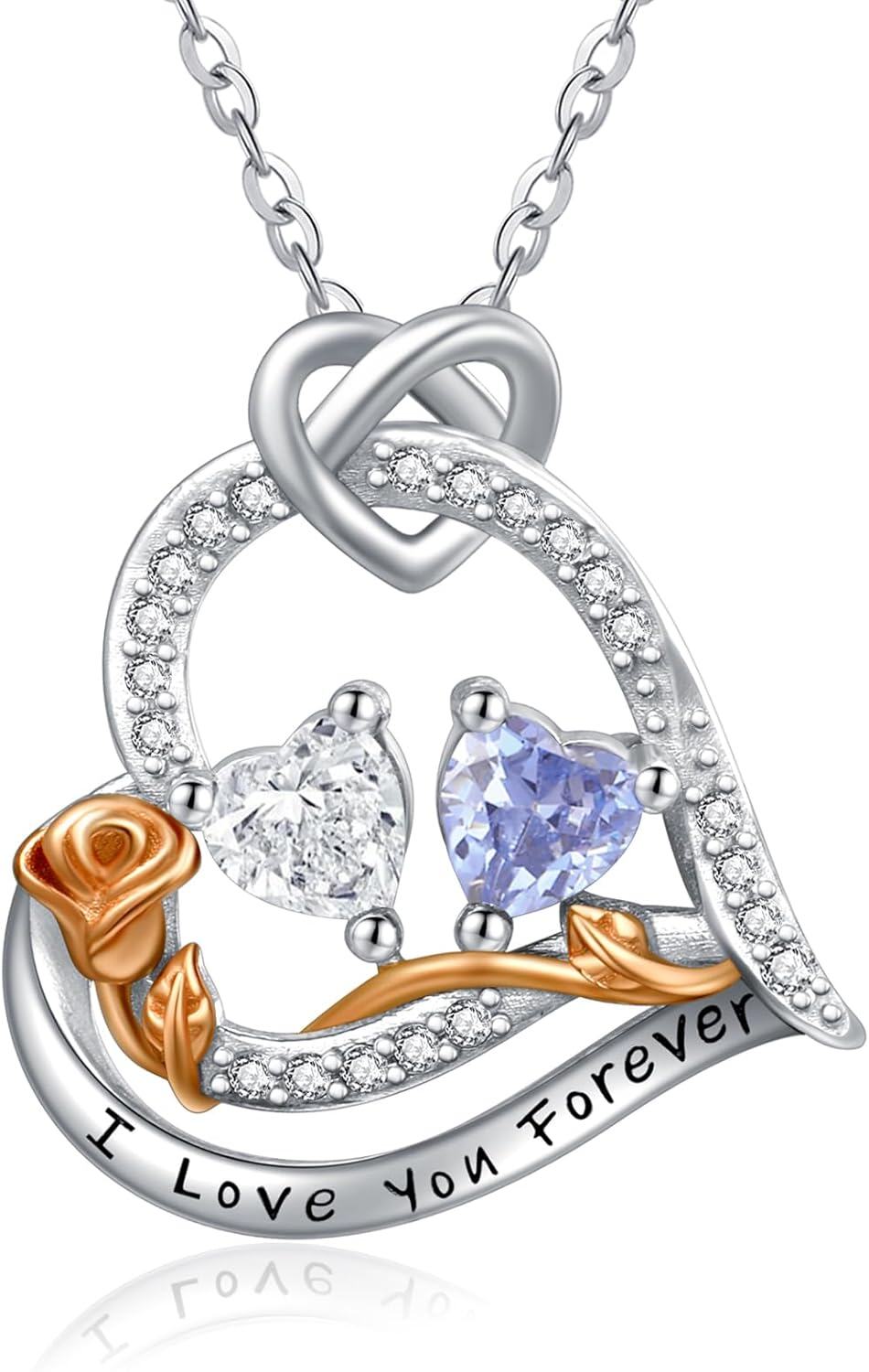  Sterling Silver 2 Birthstones Rose Heart Necklace for Women -04-06-Apr-Jun