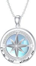wholesale 925 Sterling Silver Round Blue Moonstone Compass Pendant Necklace with Cubic Zirconia and Engraved Message I'd be lost without you for Women Girls  45cm Chain Length-0-0