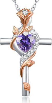 wholesale Sterling Silver Rose Cross Pendant Necklace for Women-02-Feb-Amethyst Purple-02-Feb-Amethyst Purple