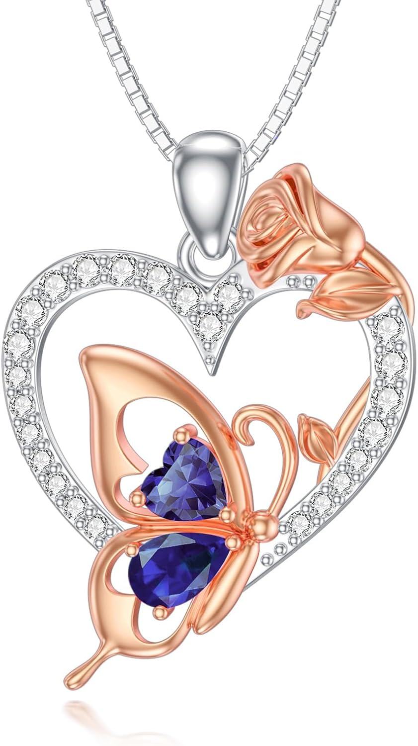  Sterling Silver Zircon Butterfly Heart Necklace for Women Birthday Gift -September