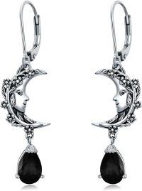 wholesale 925 Sterling Silver & Birthstone Crescent Moon Earrings, Retro Elegance for Women, Gift for Her, 41mm-Black