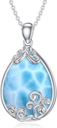 wholesale 925 Sterling Silver Blue Larimar Teardrop Filigree Ocean Wave Pendant Necklace-Filigree Teardrop