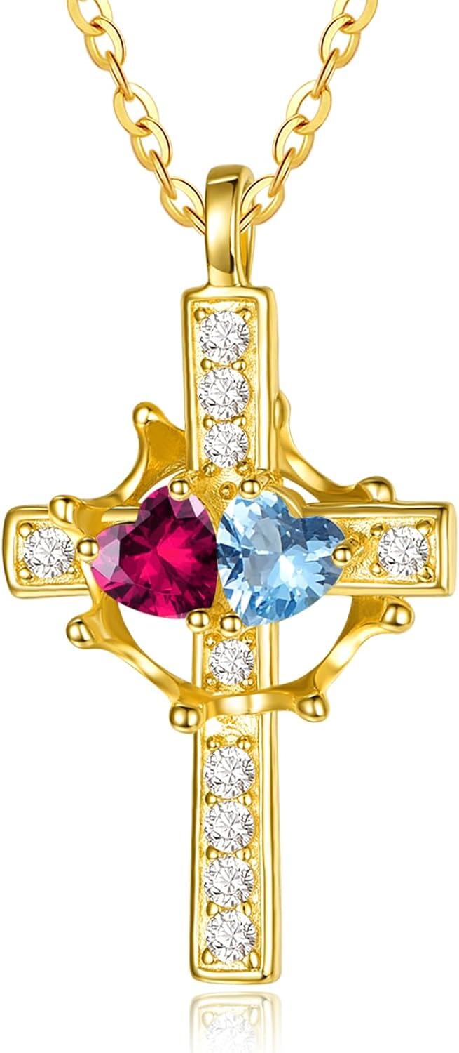 Sterling Silver Birthstones Gold Cross Necklace for Women -07-12-Jul-Dec-07-12-Jul-Dec