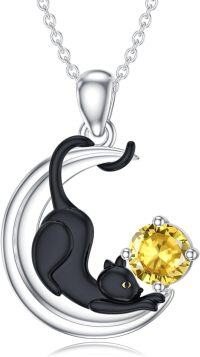 wholesale  Metal Stone Black Cat Moon Pendant Necklace Jewelry Gift for Women ( chars)-November