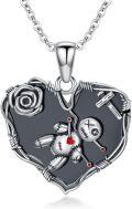 wholesale 925 Sterling Silver & Black Obsidian Gothic Voodoo Doll Necklace Halloween Witch Heart Pendant with Cross & Rose Charm 0.86 Adjustable Chain-0-0