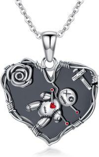 wholesale 925 Sterling Silver & Black Obsidian Gothic Voodoo Doll Necklace Halloween Witch Heart Pendant with Cross & Rose Charm 0.86 Adjustable Chain-04-Voodoo Doll