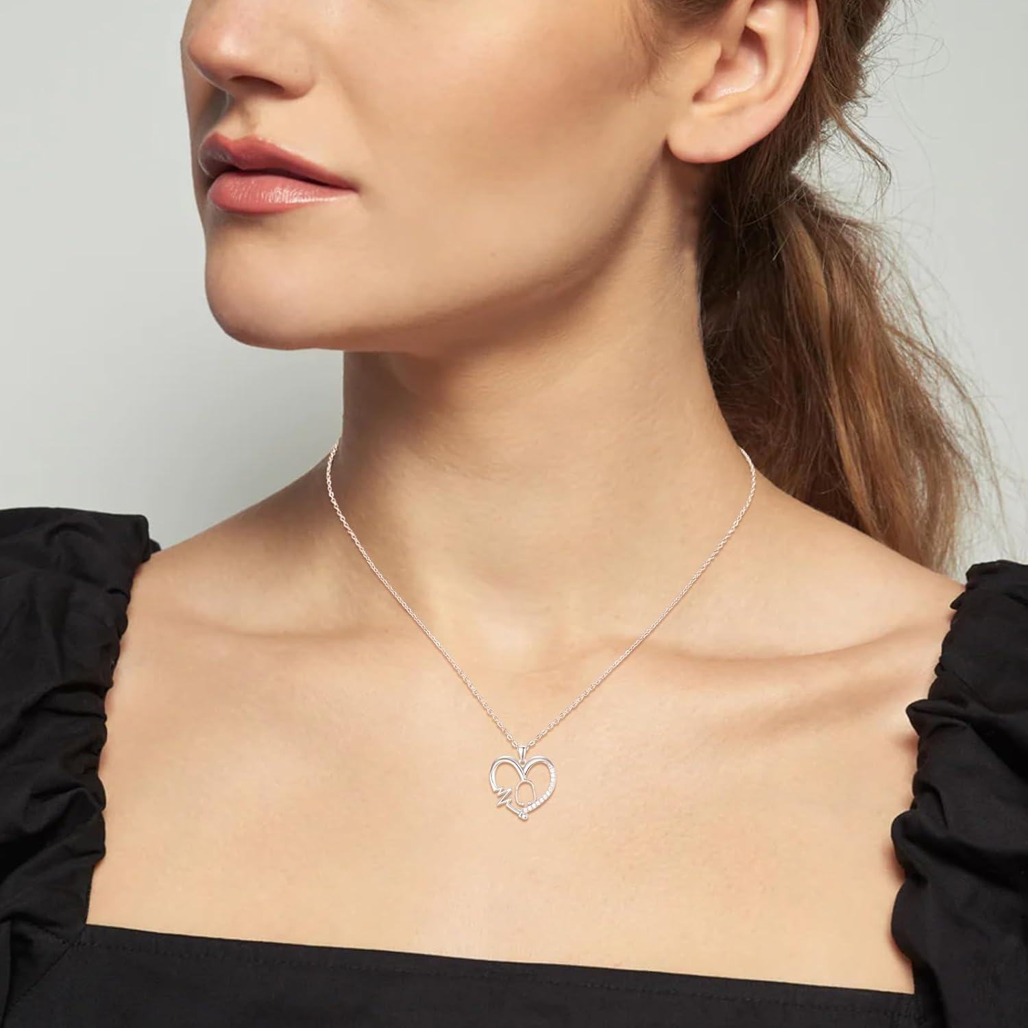 Sterling Silver Heart Caduceus Stethoscope Pendant Necklace for Women-0-2