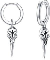 wholesale 925 Sterling Silver Raven Ankh Hoop Earrings with Black Enamel and Cubic Zirconia for Men & Women-Cross Earrings