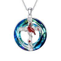 wholesale 925 Sterling Silver Red Cardinal Bird Cross Pendant Necklace Blue Crystal Circle-Red Cardinal Necklace with Blue Circle Crystal