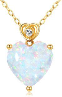 wholesale 14K Gold 3Ct Heart Cut Created Birthstone Love Heart Necklace for Women-A10:October-Opal