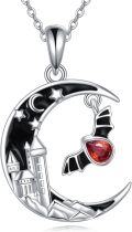 wholesale 925 Sterling Silver Crescent Moon Castle Red Stone Gothic Pendant Necklace for Women Girls Vintage Halloween -0-0