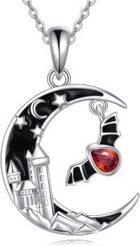 wholesale 925 Sterling Silver Crescent Moon Castle Red Stone Gothic Pendant Necklace for Women Girls Vintage Halloween -Bat Necklace