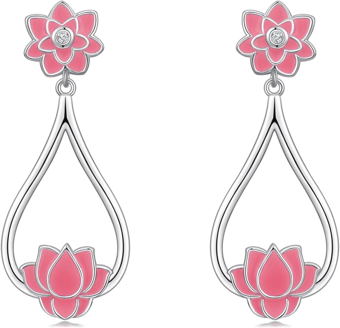 Sterling Silver Skull Stud Earrings with Lotus Hummingbird Squirrel Cow Gift for Women Men-Pink Lotus