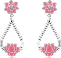 wholesale 925 Sterling Silver Pink Lotus Flower Dangle Drop Stud Earrings s for Women Girls-Pink Lotus