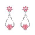 wholesale 925 Sterling Silver Pink Lotus Flower Teardrop Cubic Zirconia Drop Earrings-0-0