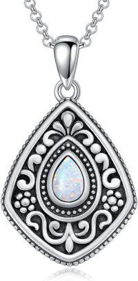 wholesale 925 Sterling Silver Teardrop Filigree Pendant with White Fire Opal and Black Onyx Stone Chain Necklace for Women  46cm Length-White Opal
