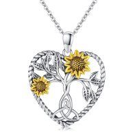 wholesale 925 Sterling Silver Tree of Life Sunflower Pendant Necklace for Women Girls  45cm Chain Length-F-Heart Sunflower