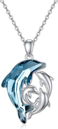 wholesale 925 Sterling Silver Blue Crystal Mother & Child Dolphins Pendant Necklaces Gift for Women Girls-Dolphin Mother and 3 Sons or Daughters