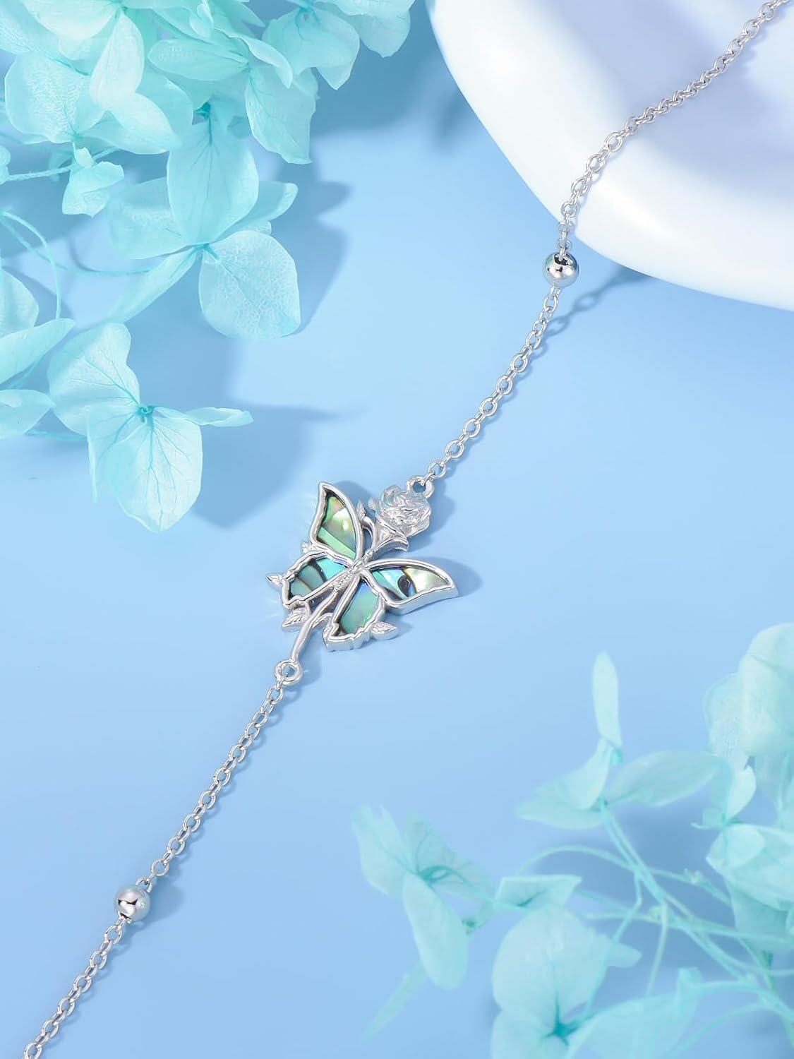wholesale 925 Sterling Silver Butterfly & Rose Abalone Shell Charm Bracelet - Adjustable Holiday Gift for Her-0-4