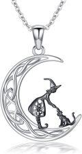 wholesale 925 Sterling Silver Halloween Witch Cat Crescent Moon Pendant Necklace-0-0