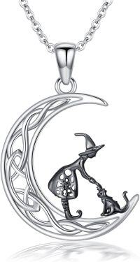 wholesale 925 Sterling Silver Halloween Witch Cat Crescent Moon Pendant Necklace-1-Witch