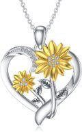 wholesale Gold-Plated 925 Sterling Silver Sunflower Heart Pendant Necklace with Cubic Zirconia and Leaves Design-0-0