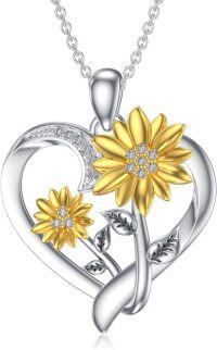 wholesale Gold-Plated 925 Sterling Silver Sunflower Heart Pendant Necklace with Cubic Zirconia and Leaves Design-2 sunflowers