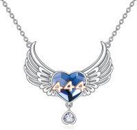 wholesale 925 Sterling Silver Heart with Wings and Blue Crystal Pendant Necklace for Women - Angel Number s-444-blue heart