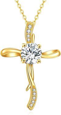 wholesale 14K Gold Cubic Zirconia Cross Pendant Necklaces with Chain - Religious Gifts for Her (Mom/Wife/GF)-1CT Moissanite cross