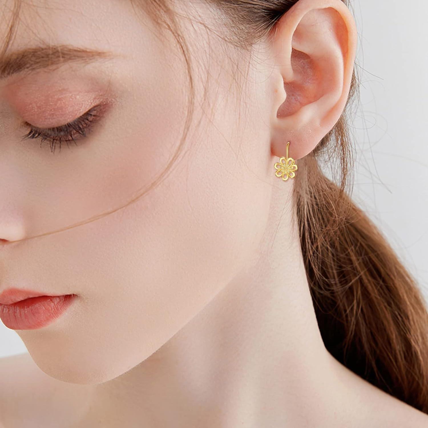 14K Yellow Gold Daisy Flower Leverback Dangle Hoop Earrings Jewelry for Women Teens Girls Christmas Birthday Gifts-0-1