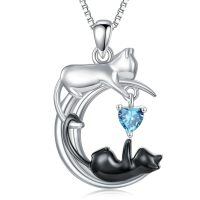 wholesale 925 Sterling Silver Onyx Cat Moon Pendant Necklace Women s Jewelry Gift-December - Blue Topaz