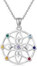 wholesale 925 Sterling Silver Multi-Color Stone 7 Chakras Flower Of Life Mandala Pendant Necklace-0-0